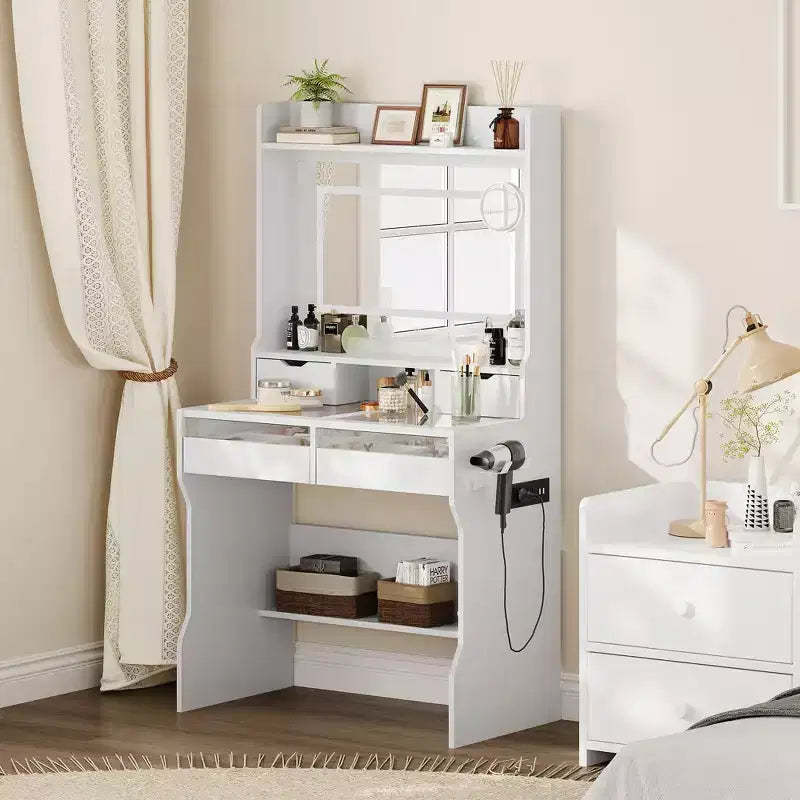 Dresser with Mirror Wooden Dresser - White Modern Vanity with LED Mirror, Power Outlet, 3 Lighting Modes, 4 Storage Drawers for Bedroom