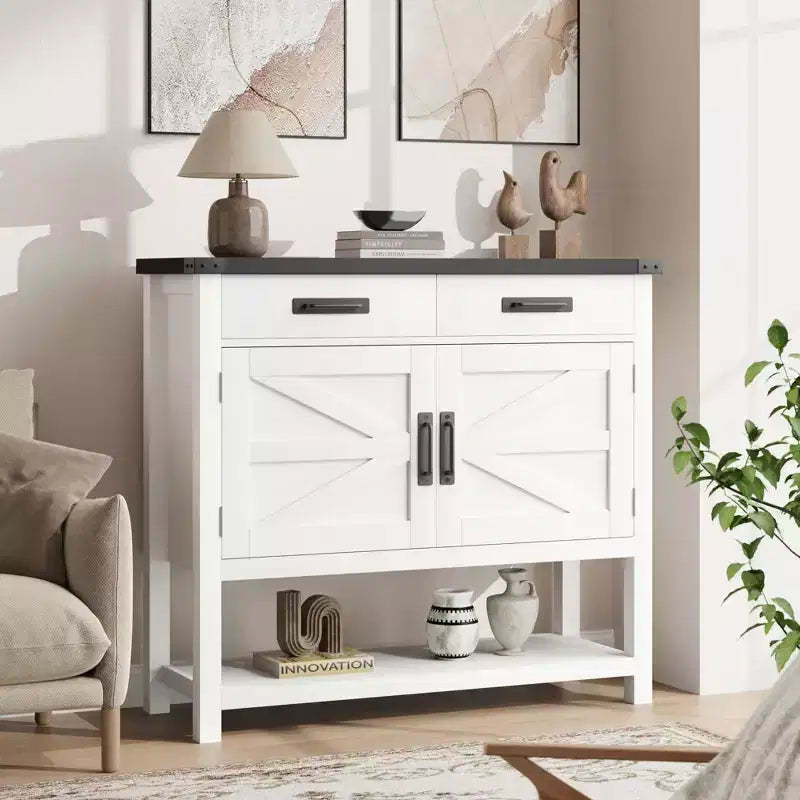 Entryway Table Storage Cabinet - 2 Doors & 2 Drawers Solid Wood, Multifunctional Coffee Bar, Sofa Console for Living Room, Hallway (White)