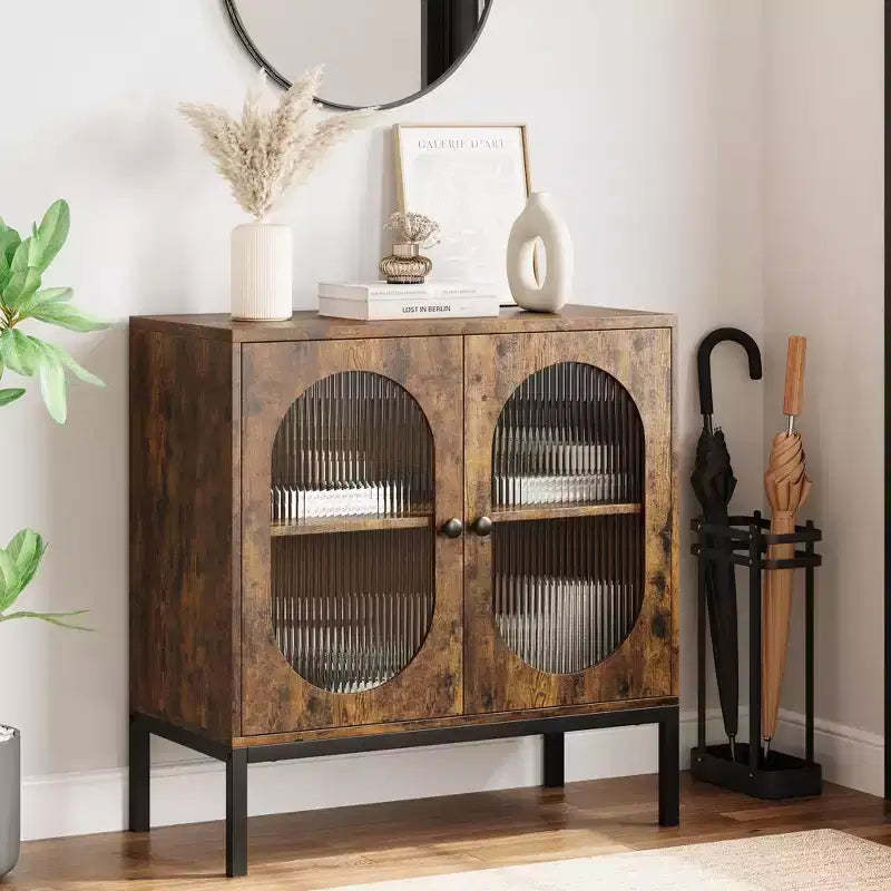 TROPOW Rattan Storage Cabinet, 2-Tier Shelf Sideboard, Kitchen Sideboard Accent Cabinet