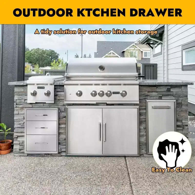Outdoor Kitchen Drawers, Stainless Steel BBQ Drawer, Flush Mount Built-In for Outdoor Kitchen Island & BBQ Islands, Silent, Fully Assembled