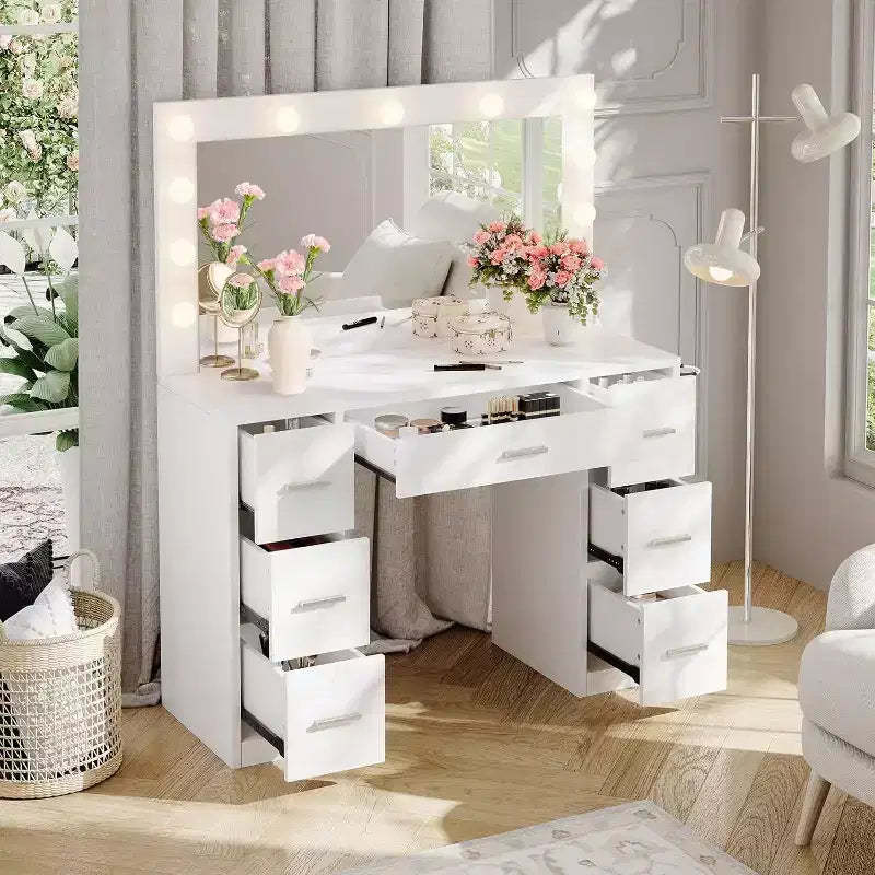 Acekool White Vanity Desk with Mirror, Adjustable Lighting & Power Outlets, 7 Drawer Makeup Table for Bedroom or Dressing Room