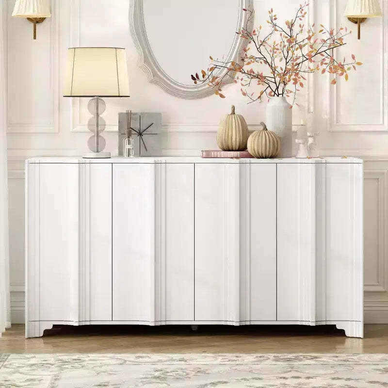 Okak Sophisticated Sideboard Buffet, Storage Cabinet with 4 Intricate Linear Doors, Coffee Bar Cabinet for Dining Room Living Room Entranway