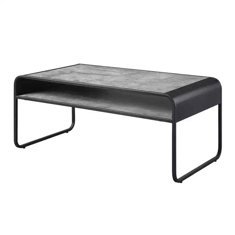 HomeRoots 42 Gray and Black Concrete And Metal Sled Coffee Table With Shelf