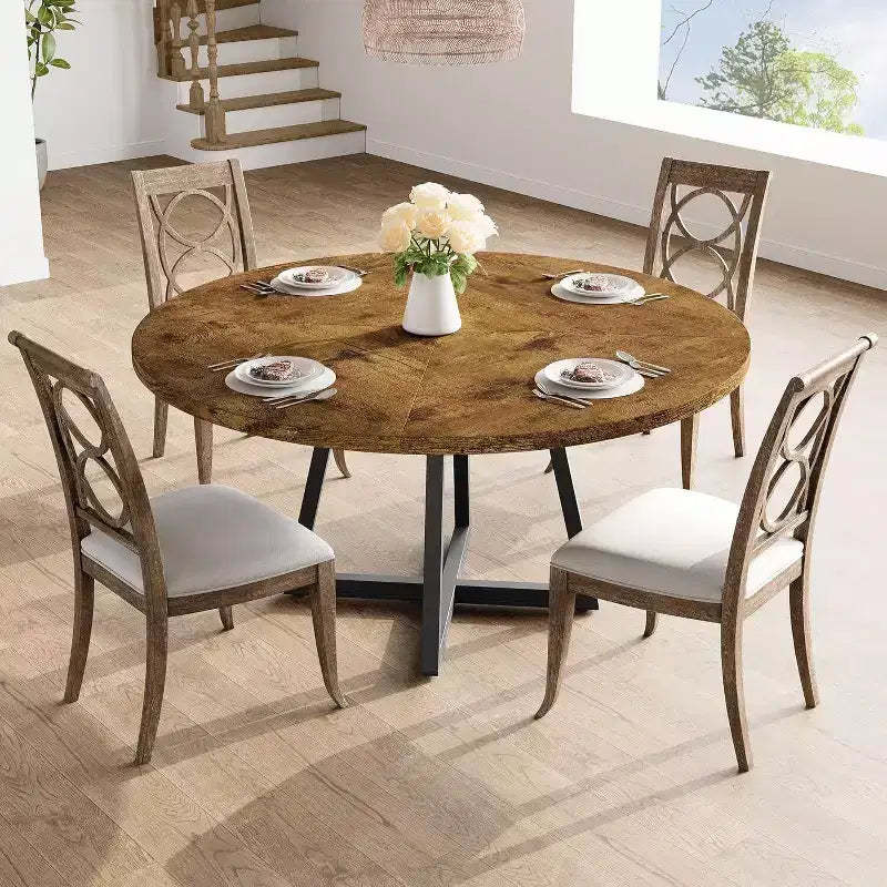 47 inch Industrial Round Dining Table, Wooden Kitchen Table for 4 with Wooden Top and Metal Base for Home Dining Room Living Room Brown (NO Chairs)