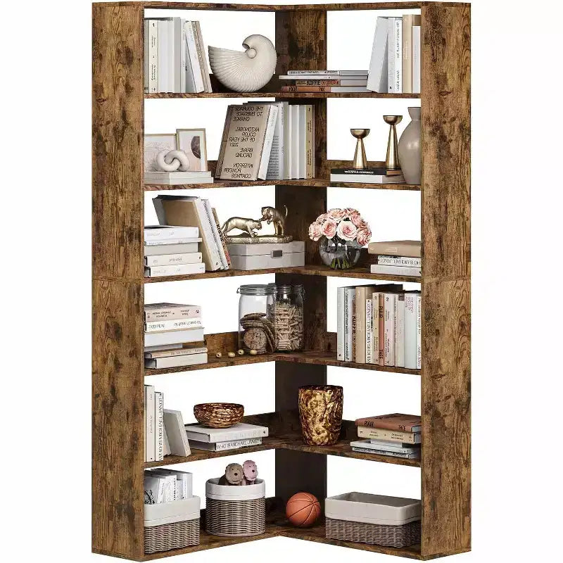 Garvee 6-Tier Corner Bookshelf,L-Shaped Bookshelf with Baffles, Wood Display Shelf Heavy Duty Bookcases for Home Office
