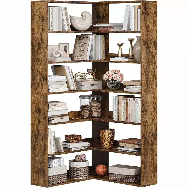 Garvee 6-Tier Corner Bookshelf,L-Shaped Bookshelf with Baffles, Wood Display Shelf Heavy Duty Bookcases for Home Office