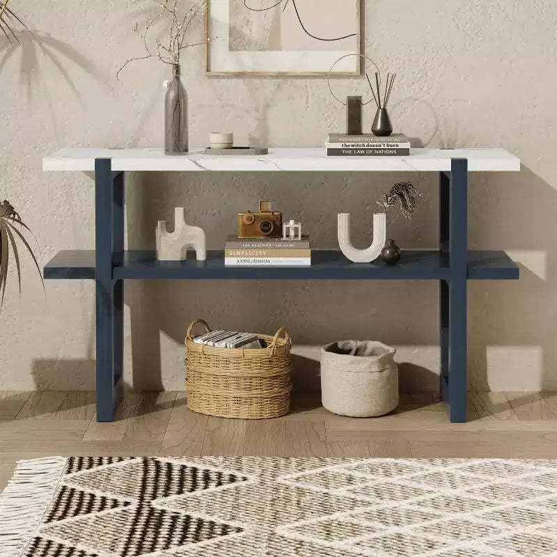 MAYEERTY Console Table with Marble Effect Top Open Shelf For Hallway Living Room Navy