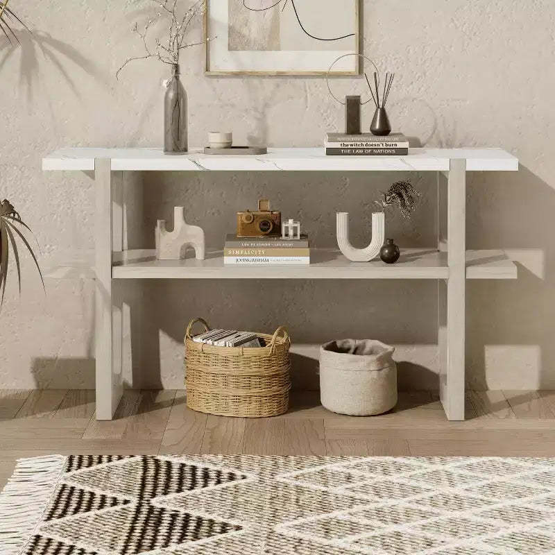 MAYEERTY Console Table with Marble Effect Top Open Shelf For Hallway Living Room Gray