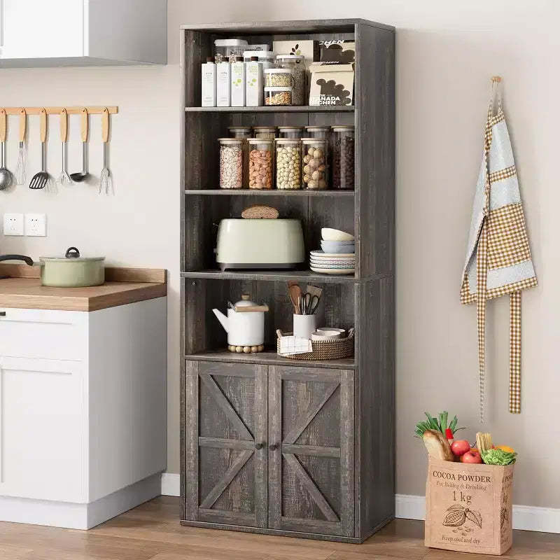 Industrial Oak Bookcase with Doors, 4-Shelf Storage Display, 71.4in Tall, 11.8in Depth, for Bedroom/Living Room/Home Office