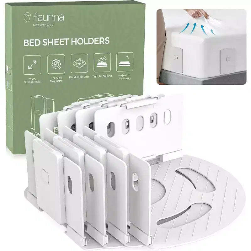 Faunna Bed Lock Sheet Holders, Upgrade Straps Keep Sheets Firm & Tight, Fitted Sheet Clips for Corners, Easy One-Time Installation, White