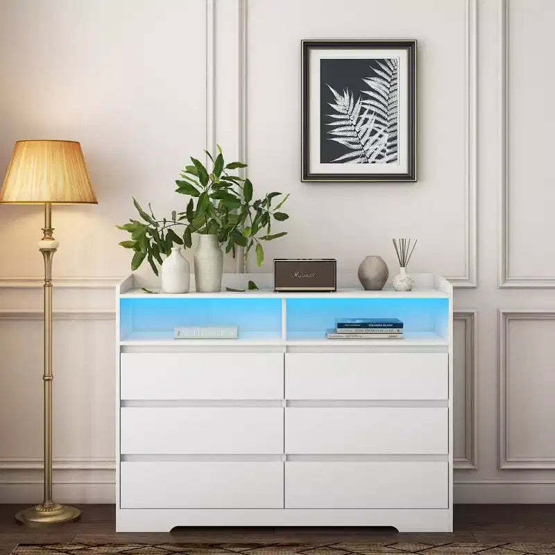 GDFStudio Barnard Modern 51.2 Rectangle Sideboard with 6 Drawers and Adjustable Lighting