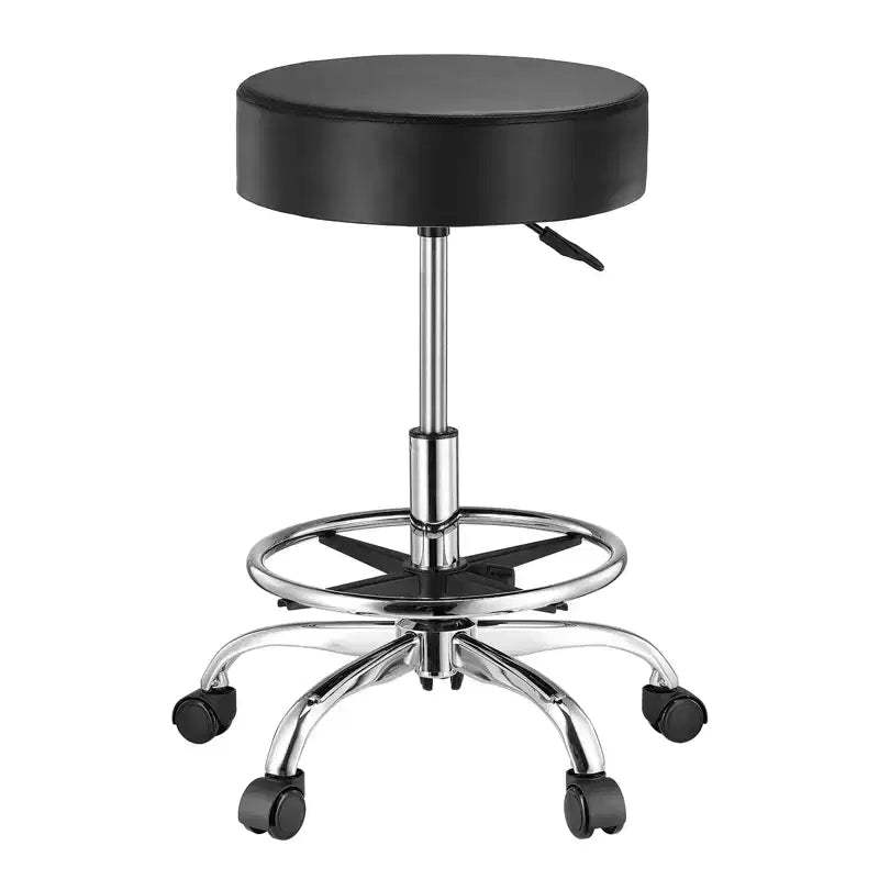 VEVOR Rolling Stool with Foot Rest and Wheels, 450 LBS Weight Capacity Round Rolling Stool Chair, Height Adjustable Thickened PU Leather, Black