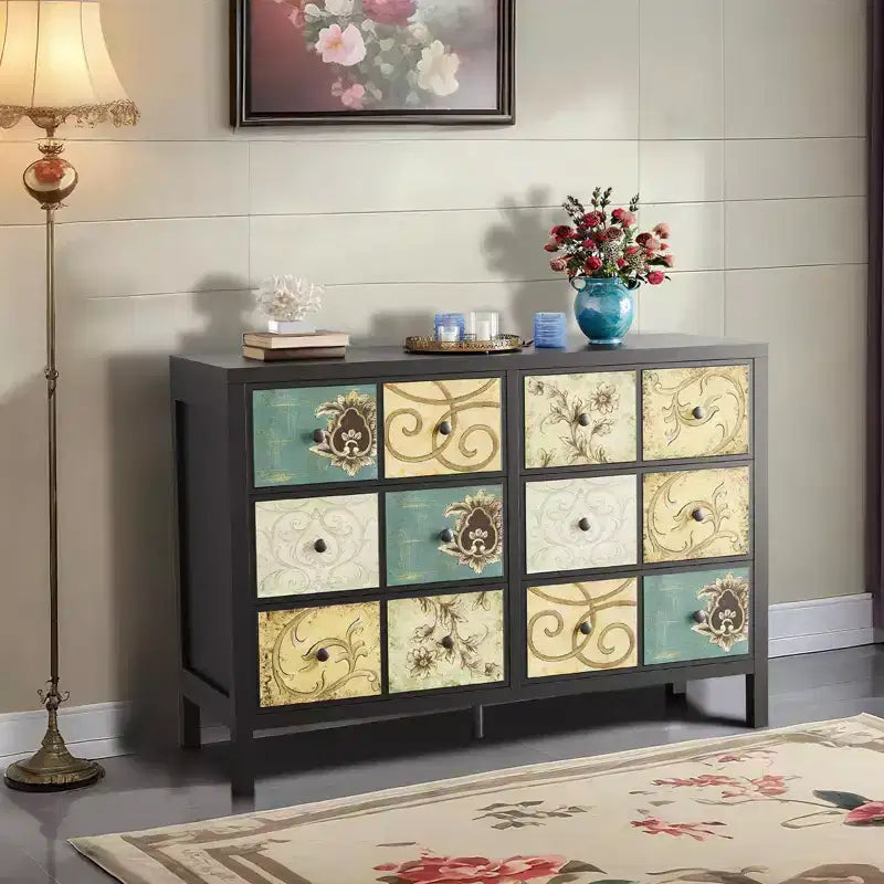 GustoWave 6 Drawers Dresser for Bedroom, Wood Rustic Chest of Drawers with Metal Handle, Retro Floral Pattern Drawer, Farmhouse Dresser for Bedroom