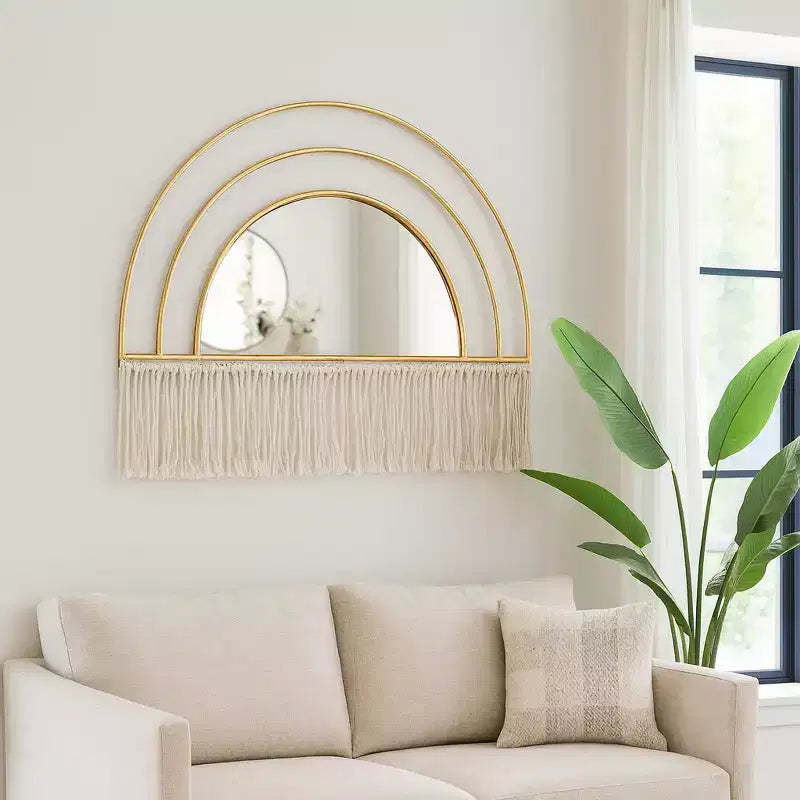 Boho-Chic Inspired Wall Mirror Decorative with Fringe Accent - Arched Wall Mirror for Bedroom, Bathroom, and Dorm Styling - 17, Gold