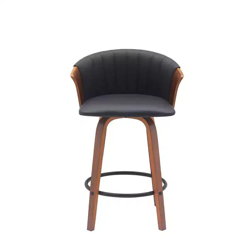 HomeRoots 26 Black and Wood Brown Faux Leather with Solid Wood Swivel Counter Height Bar Chair