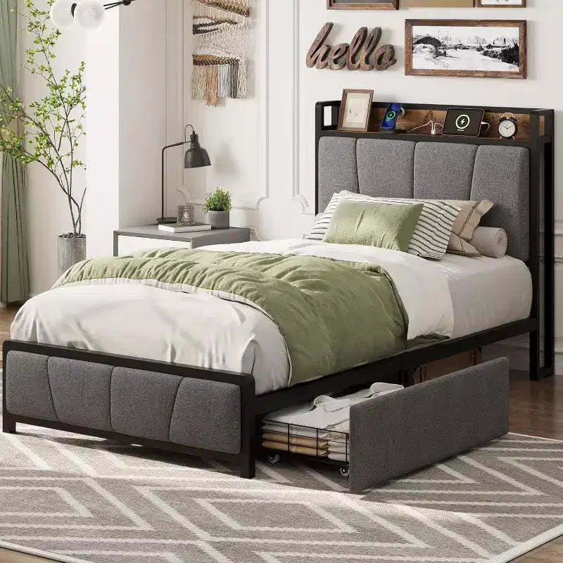 Garvee Upholstered Bed Frame with 2 Storage Drawers, Power Outlet, Queen Bed Platform with Storage Headboard, Noise Free, No Box Spring Needed