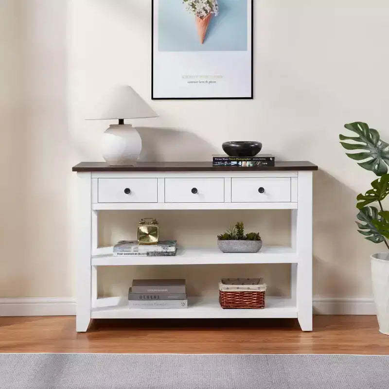 44Console Table with Two Open Shelves, Pine Solid Wood Frame and Legs for Living Room,Brown&White