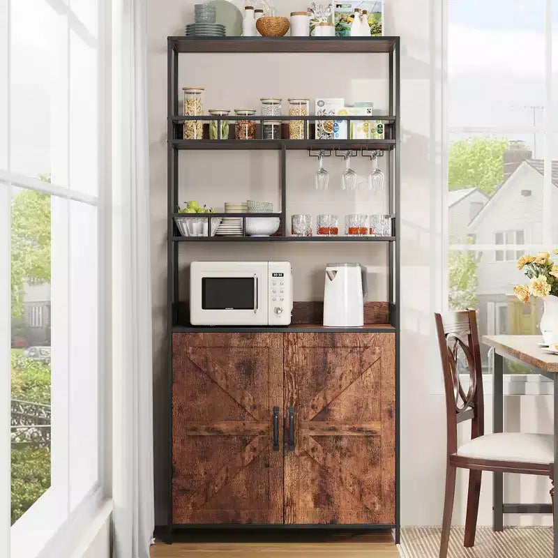 TROPOW Tall Bar Cabinet 70.8 in Bakers Rack with Cabinet, Microwave Stand with Goblet Holder 5 Tier Large Baker Rack