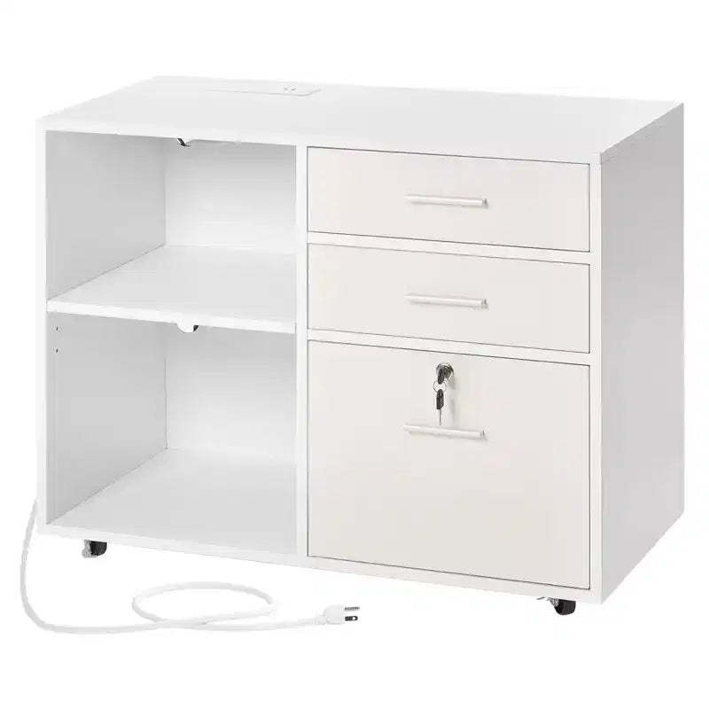 VEVOR 3 Drawer Wooden File Cabinet, Mobile Filing Cabinet with Light Strip, Lockable Rolling File Storage with Adjustable Shelves & 5 Wheels, White