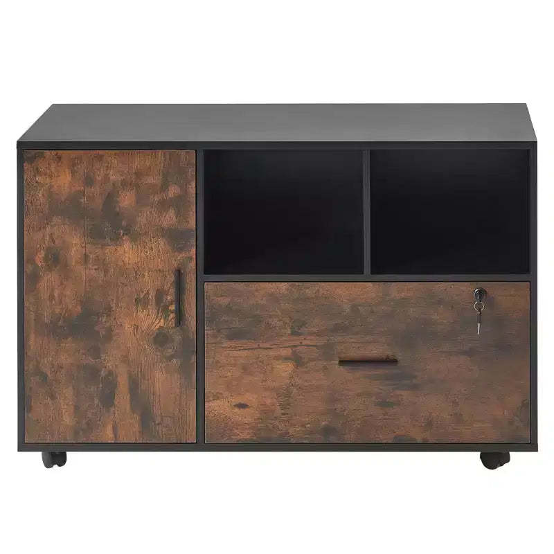 VEVOR Wood File Cabinet, Mobile Filing Cabinet with Open Shelves, Lockable Lateral Rolling File Storage with Adjustable Shelves, Brown&Black