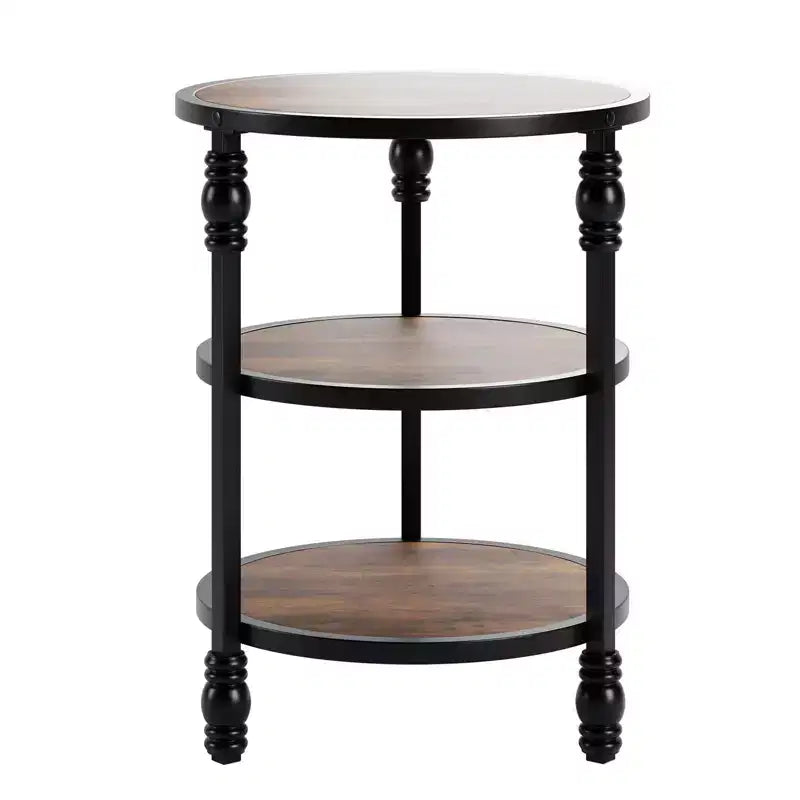 Round End Table, Small Accent Table with 3 Tier Storage Shelves, Farmhouse Wood Side Table, Metal Frame Industrial Night Stand, Brown