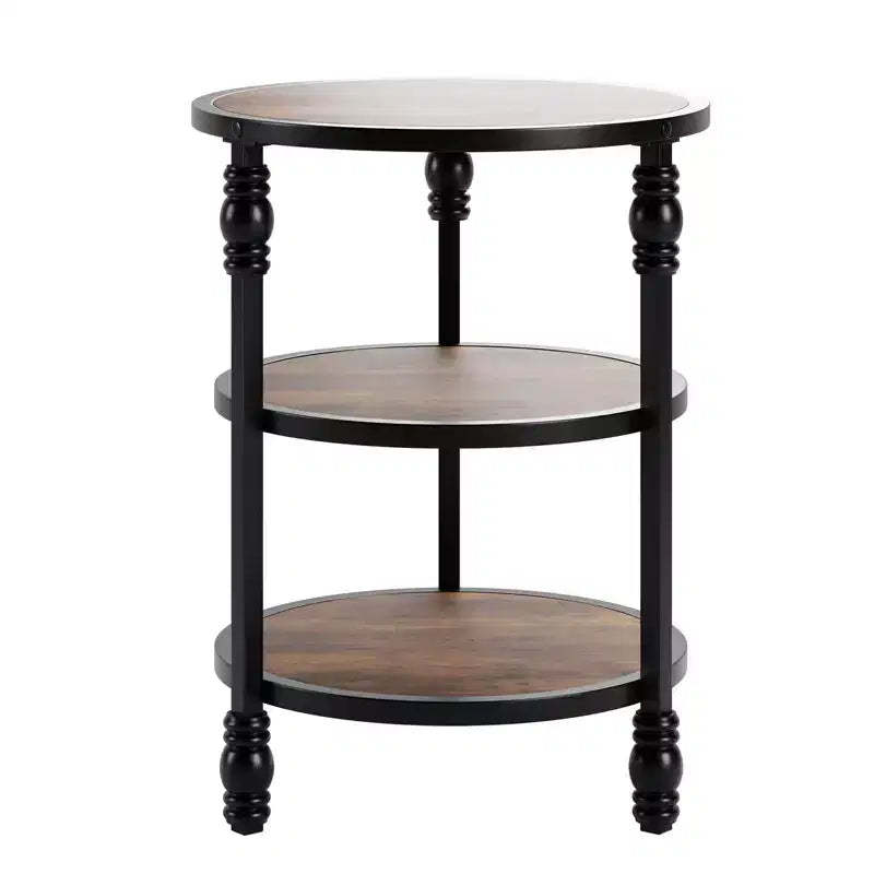 Round End Table, Small Accent Table with 3 Tier Storage Shelves, Farmhouse Wood Side Table, Metal Frame Industrial Night Stand, Brown
