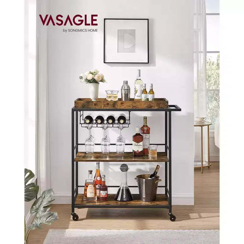 3-Tier Kitchen Serving Cart with Removable Tray - Mobile Utility Cart with Wheels & Brakes, Rustic Brown and Black