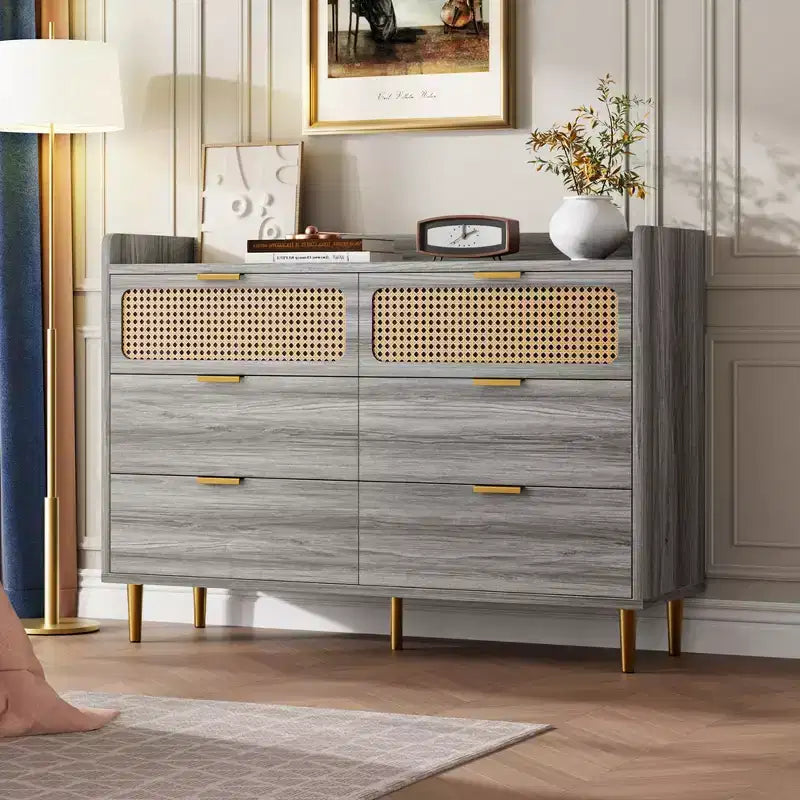 6 Drawer Double Dresser with Railed Edge, Mid Century Modern Gold Closet Dresser with High Legs, Rattan Design, Large Storage Organizer for Bedroom