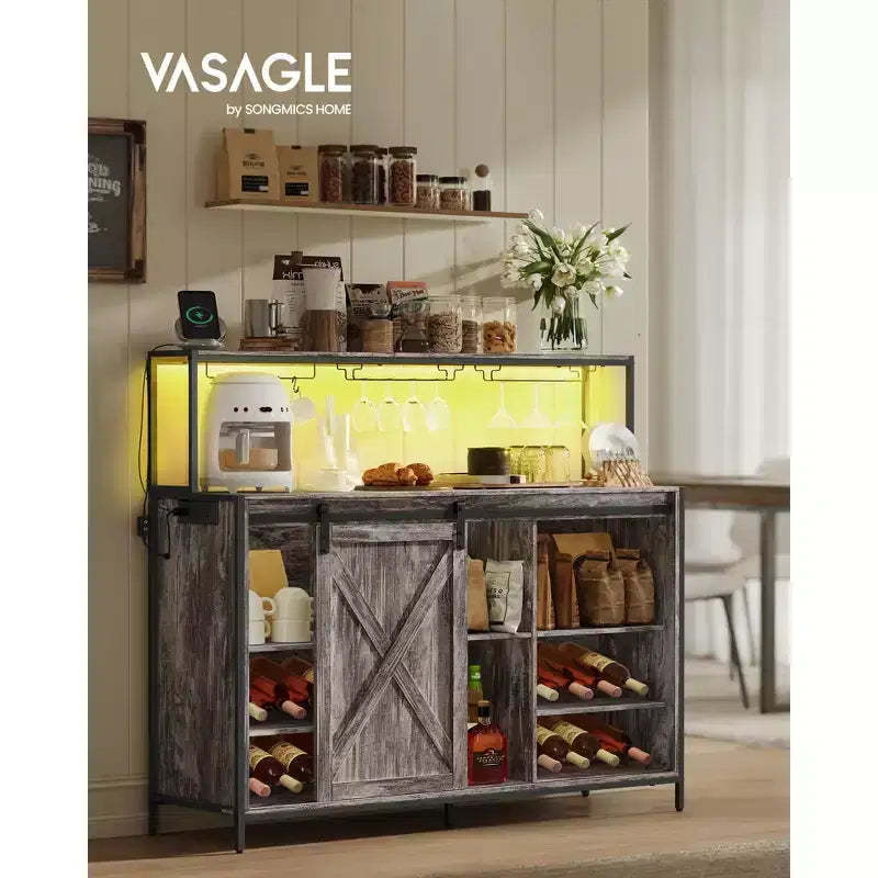 SONGMICS HOME Coffee Bar Cabinet with Smart LED Light, Sliding Barn Doors, S Hooks, Wine Storage