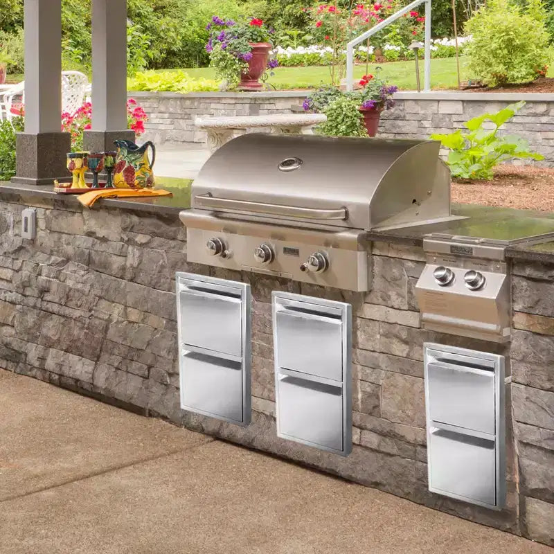 Outdoor Kitchen Drawers, Stainless Steel Flush Mount BBQ Drawers with Grooved Handle,for Outdoor Kitchen Island or Patio Grill Station, 2-Layer