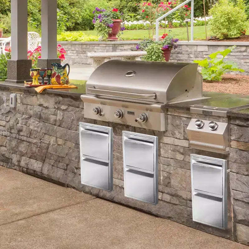 Outdoor Kitchen Drawers, Stainless Steel Flush Mount BBQ Drawers with Grooved Handle,for Outdoor Kitchen Island or Patio Grill Station, 2-Layer