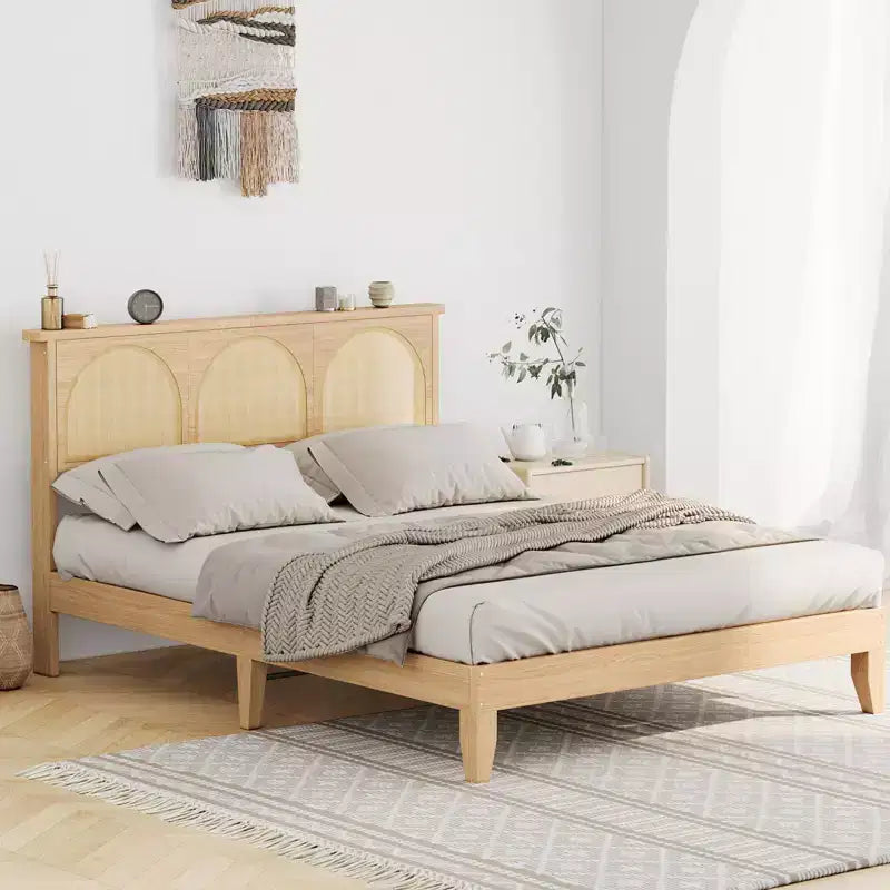 Wood Boho Style Wooden Bed with LED Lights & Storage Shelves and Rattan Headboard, Natural Finish