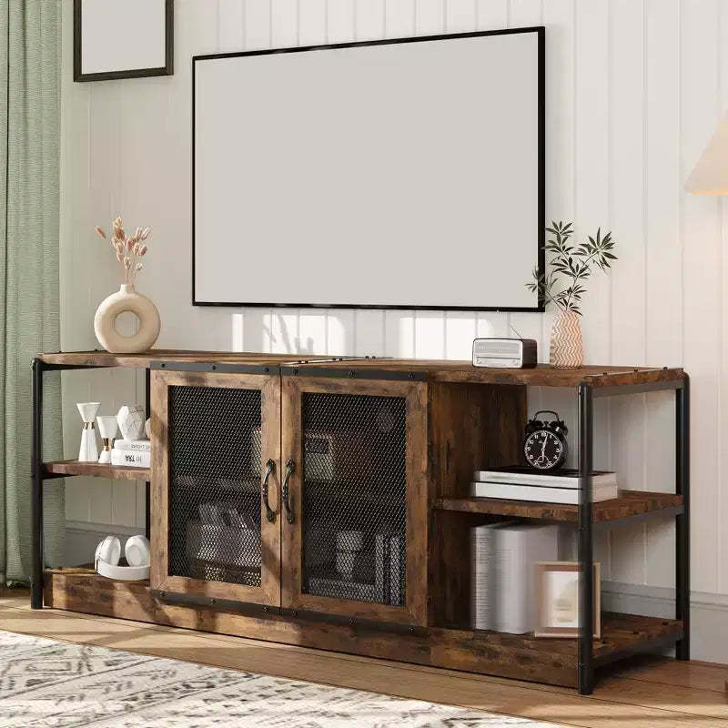 Modern TV Stand for TVs Up to 75, Entertainment Center with Mesh Doors & 4 Open Shelves, Wooden Media TV Console Table, 63 Inch Grey
