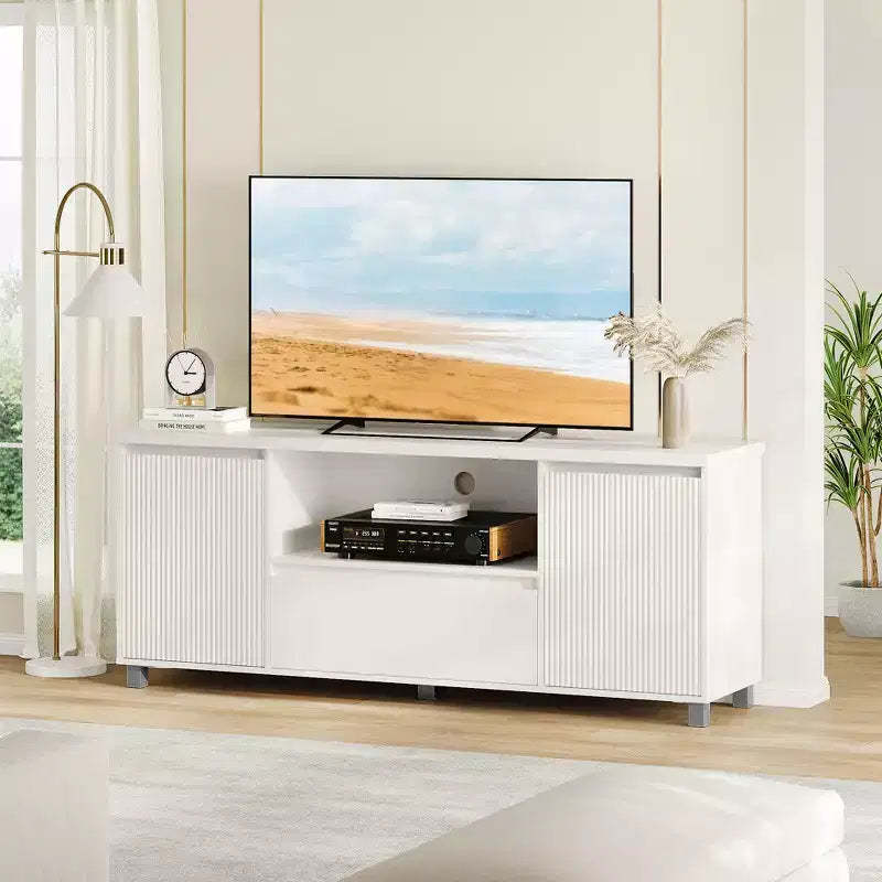 Modern Fluted TV Stand, for 60/65/70 TV, TV Entertainment Center with Drawer, 2 Storage Cabinets and Open Shelf, for Living Room, Bedroom