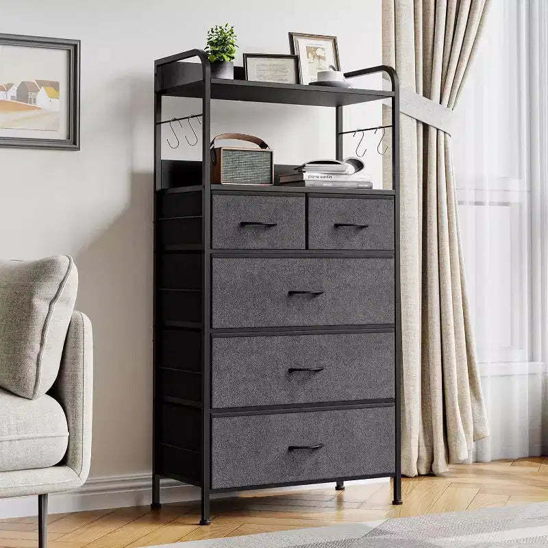 Acekool 5 Drawer Dresser, Bedroom Storage Organizer with Fabric Bins, Wood Top, Steel Frame, Easy Pull Handles, Entryway, Hallway