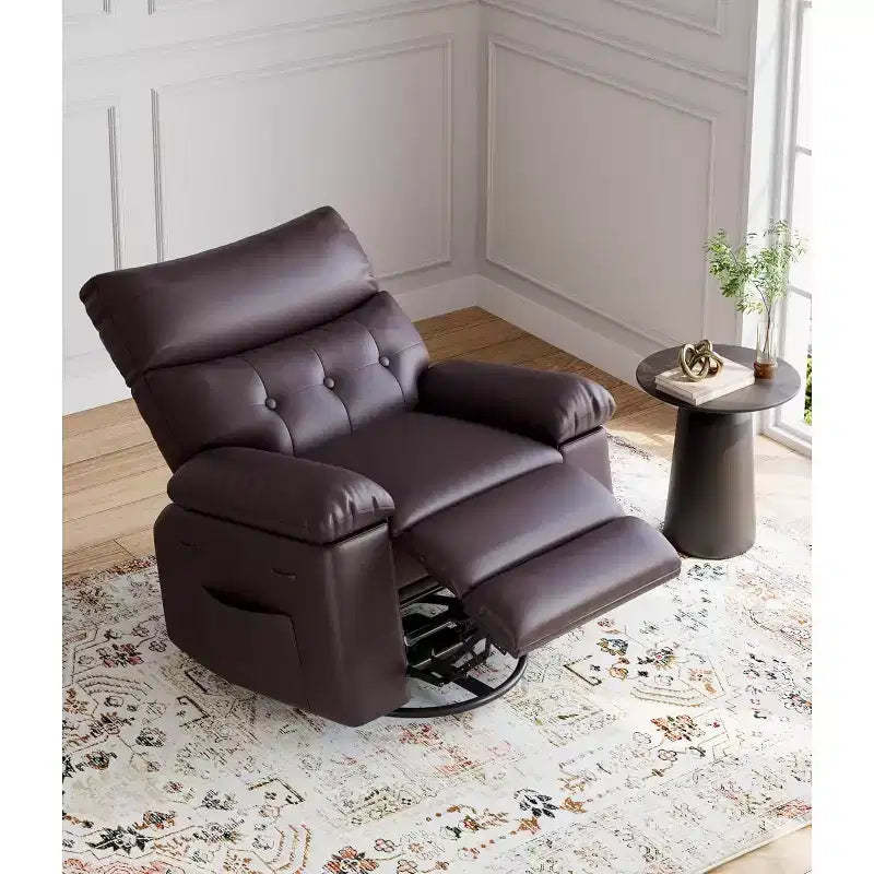 Acekool Oversized Swivel Rocker Recliner Chair, Wide PU Leather Manual Recliner with Plush Arm & Back, 360 Swivel for Living Room, Bedroom,Brown