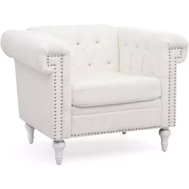 Acekool Arm Chair with Thick Padded Backrest & Seat, 22.4 Deep Single Sofa, Comfy White Fabric, Modern Accent Chair for Living Room, Bedroom