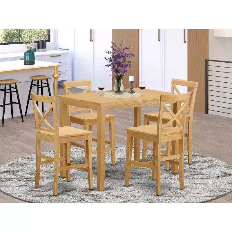 HomeStock Belmont Counter Height Dining Set-Pub Table And Counter Height Dining Chair, Oak