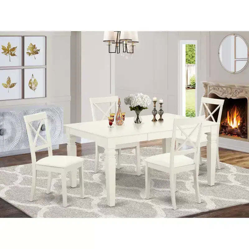 HomeStock Belmont 5 Pc Set With One Weston Table And 4 Faux Leather Seat Chairs, Linen White