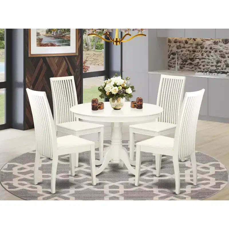 HomeStock Belmont 5-Piece Hartland Set With One Dining Table And Four Wood Seat Dinette Chairs In A Beautiful Linen White Finish