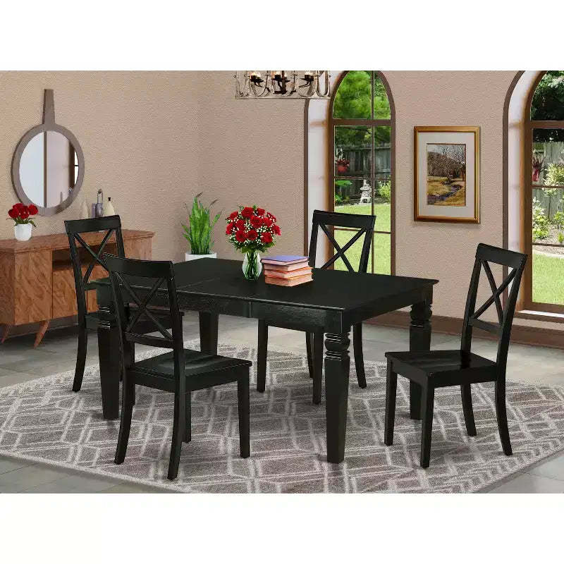 HomeStock Belmont 5Pc Rectangle 42/60 Inch Table With 18 In Self Storing Butterfly Leaf And Four Wood Seat Dining Chairs, Black