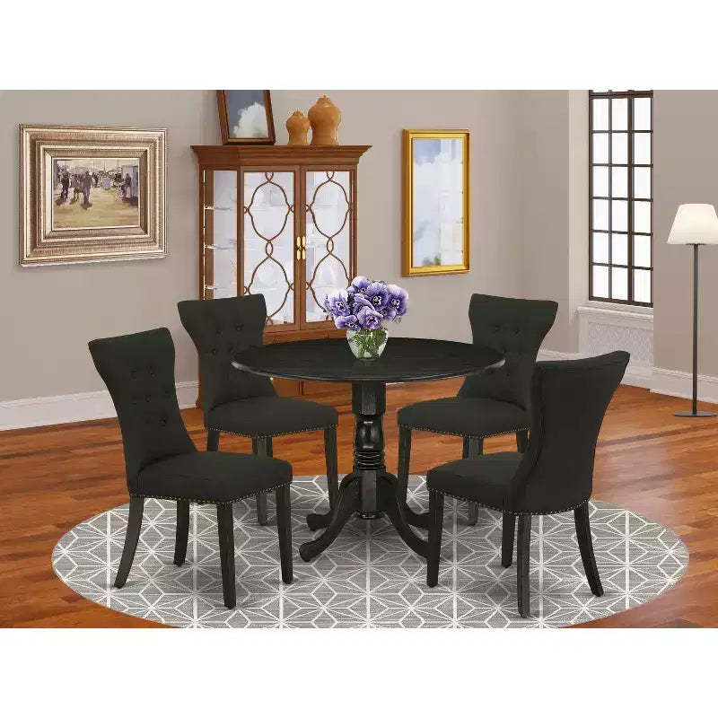 HomeStock Belmont 5-Pc Round Dining Set Included a Kitchen Table & 4 Parson Chairs, Wirebrushed Black Finish