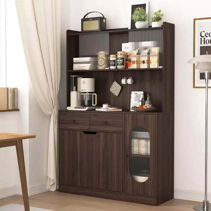 Okak 71H Wooden Kitchen Pantry Cabinet with Glass Doors & Microwave Stand, Buffet Cabinet for Kitchen Dining Room