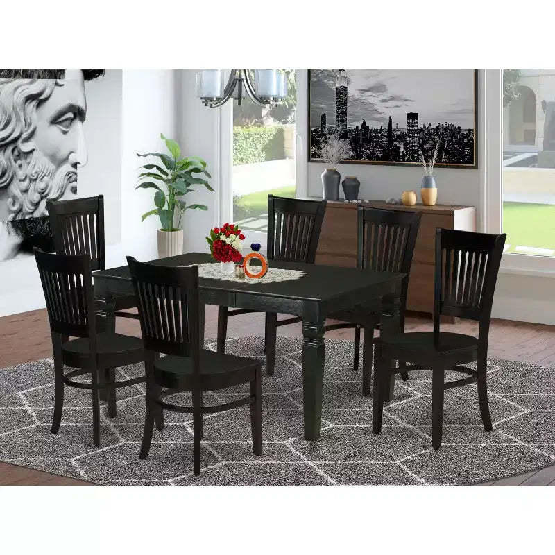 HomeStock WEVA7 Black 7 Piece Rectangle Dining Room Table Set with 6 Chairs