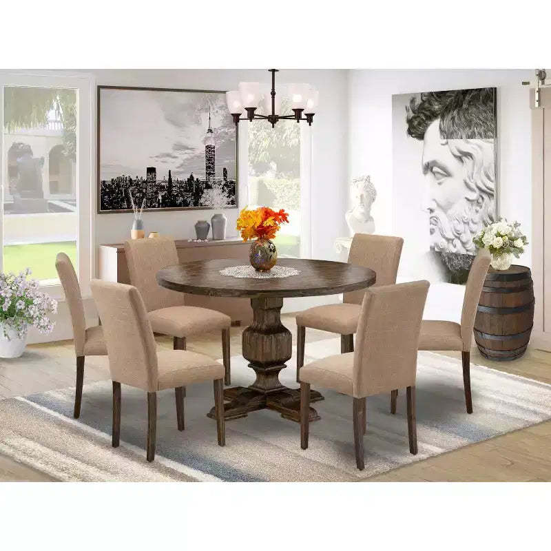 HomeStock Belmont 7 Piece Table Set Dining Room Table and 6 Light Sable Linen Fabric Chairs with High Back - Distressed Jacobean Finish