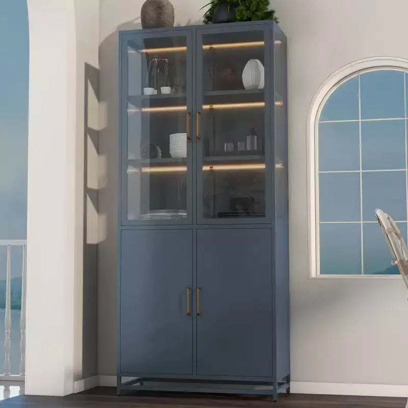 Okak Tall Display Buffet Cabinet with Glass Door & LED, Steel Bookshelves Pantry Cabinet for Kitchen/Hallways/Living Room/Office