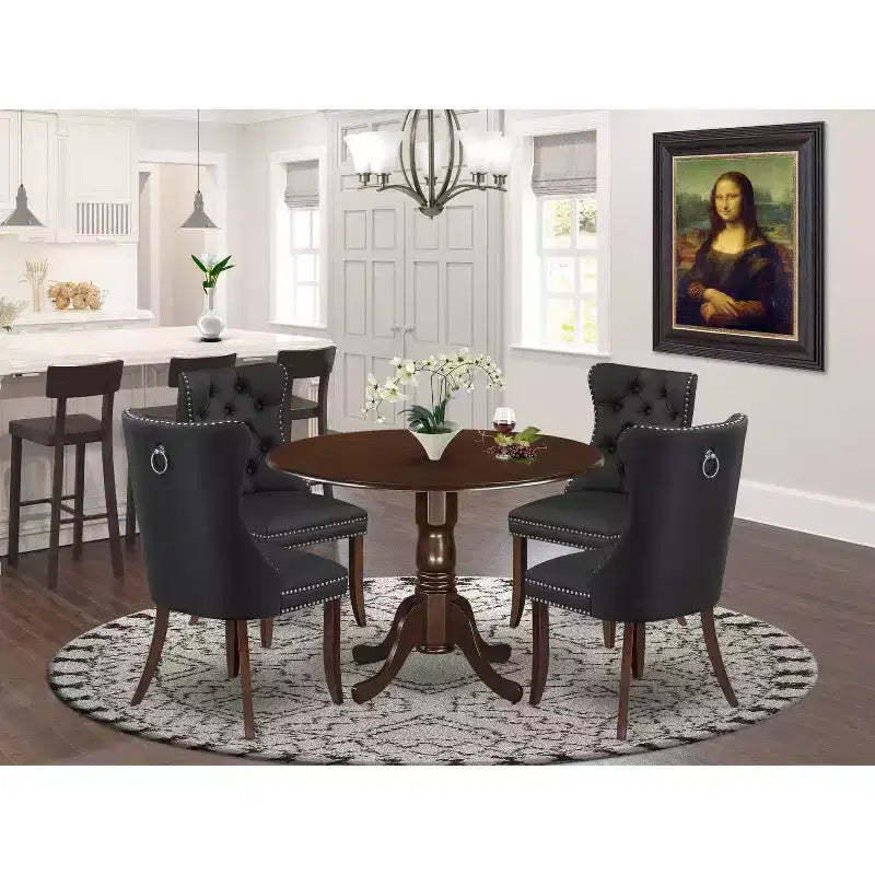 HomeStock Belmont 5 Piece Dining Room Set Consists of a Round Kitchen Table with Dropleaf and 4 Upholstered Chairs, Mahogany