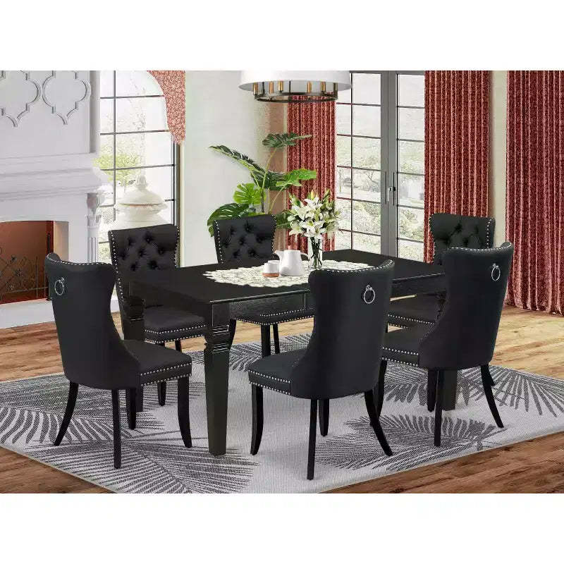 HomeStock Kitchen Dining Table Set Rectangle Table 6 Chairs Black Dark Gray