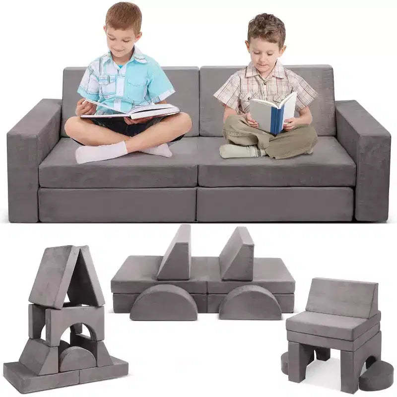 Acekool Modular Kids Play Couch, 8PCS Convertible Play Sofa with Suede Velvet Cover, Creative Foam Couch for Playroom, BedroomGray