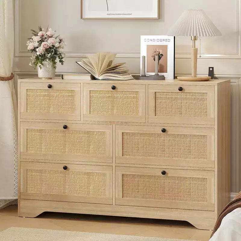 Rattan Dresser for Bedroom, 7 Drawer Double Dresser, Farmhouse Chest of Drawers, Wooden Storage Organizer for Closet, Living Room, Entryway, Hallway